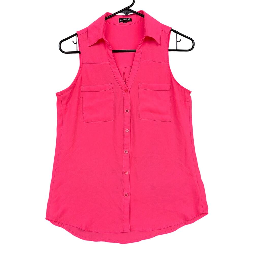 Express Womens Blouse Neon Pink Sheer Collared Sleeveless Button Down XS